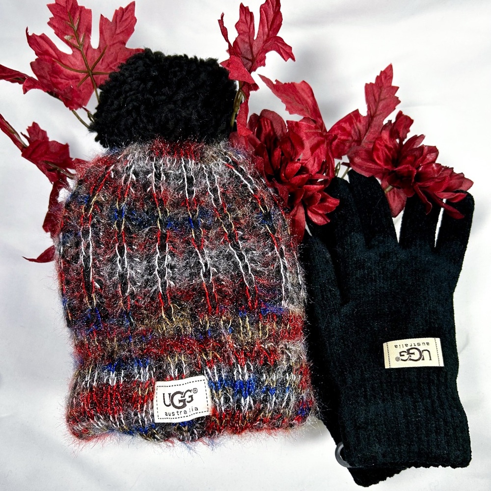 UGG Red and Blue Knit Beanie with Black Gloves